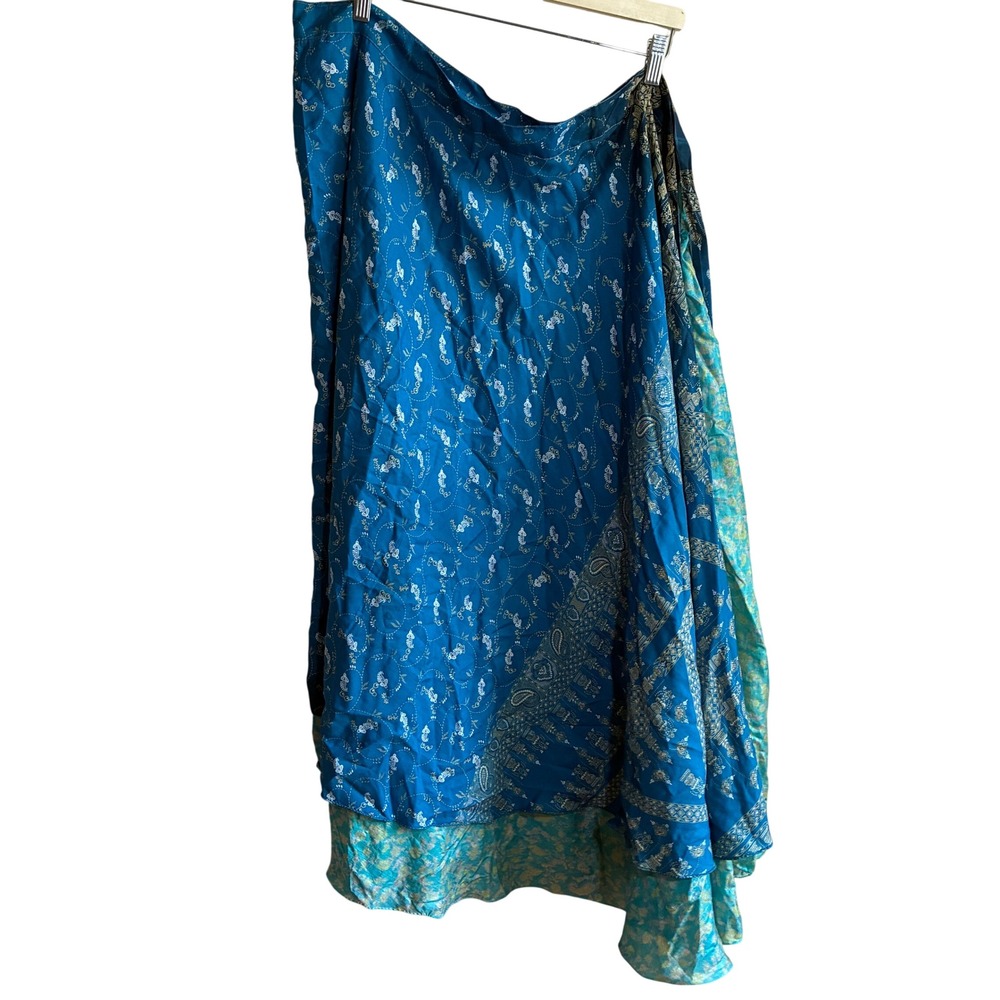 Kariza Reversible Wrap Skirt One Size Blue Women Silk Blend Floral Paisley
